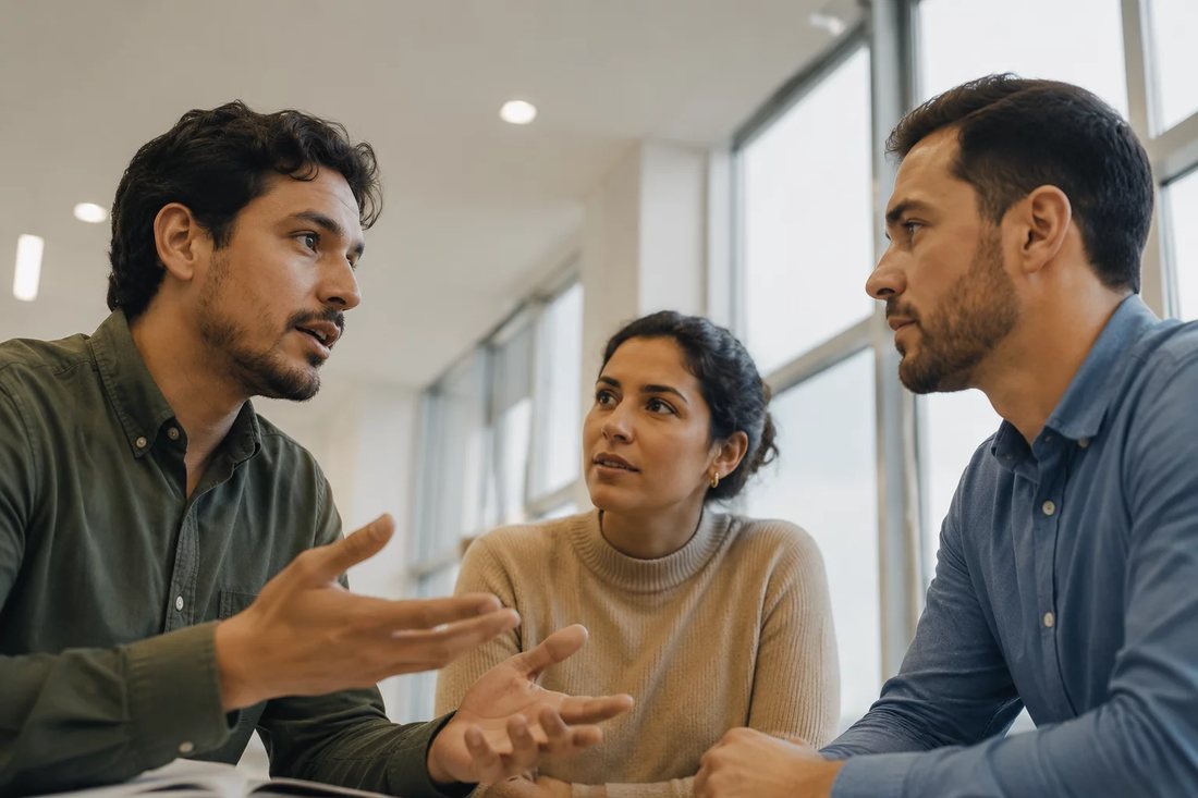 Participante falando de pé enquanto o restante da turma acompanha sentado