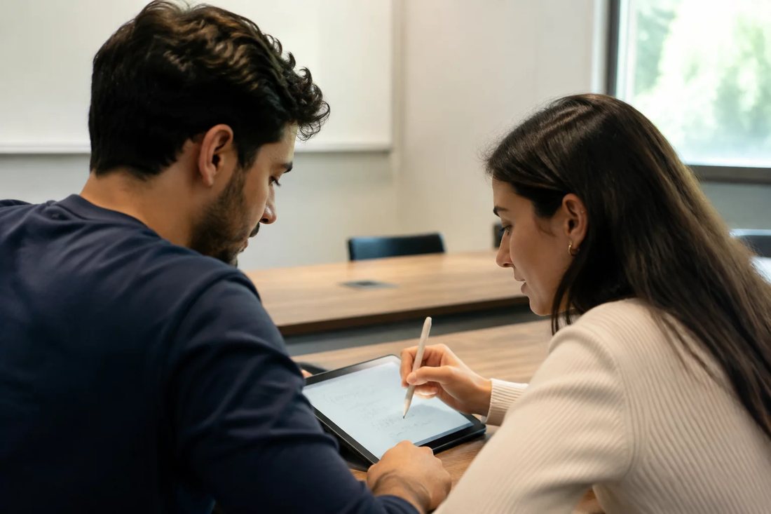 Duas participantes comparando anotações logo depois de uma rodada